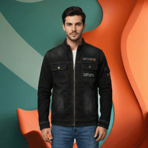 Men’s Washed Black Denim Biker Jacket with Stand Collar & Graphic Detail