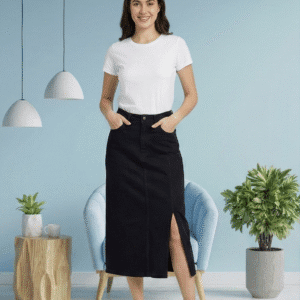 Women’s High-Waisted Black Denim long Skirt with Stylish Front Slit