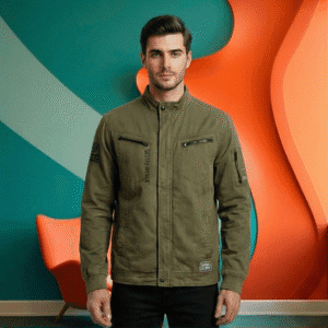 Men’s Olive Green Military-Style Cotton Utility Jacket with Graphic BaDEck Print & Multi-Pocket Design