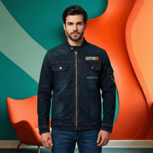 Men’s Dark Blue Indigo Denim Biker Jacket with Stand Collar & Utility Sleeve Pocket