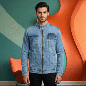 Men’s Light Blue Ice Wash Denim Jacket with Stand Collar & Zip Closure