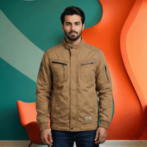 Men’s Khaki Beige Military-Style Cotton Utility Jacket with "97 EST" Back Graphic