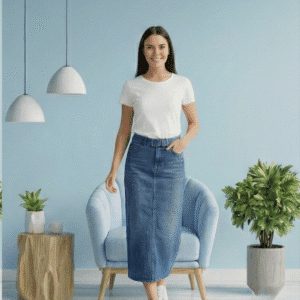 Women’s High-Waisted Long Sky Blue Denim Midi Skirt with Back Slit & Classic