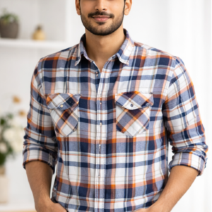 Orange-Blue Checkered Full Sleeve Cotton Shirt for Men | Regular Fit Casual & Formal Wear