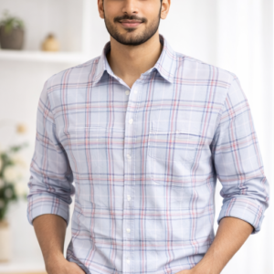 Sky Blue Checkered Full Sleeve Cotton Shirt for Men | Regular Fit Casual & Formal Wear