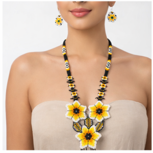 Handcrafted Yellow Flower Beaded Necklace Set with Earrings | Lightweight Ethnic Jewelry for Women | Boho Traditional Necklace