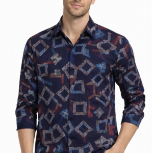 M&T Men Printed Full Sleeve Shirt | Navy Blue Geometric Print Shirt | Casual & Party Wear