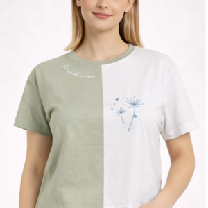 M&T Women Crop Top | White & Pistachio Green Color Block T-Shirt | Peach Blossom Print | Casual Wear