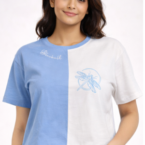 M&T Women Crop Top | White & Blue Color Block T-Shirt | Dragonfly Print | Casual Wear