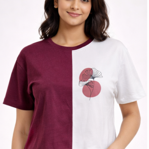 M&T Women Crop Top | White & Maroon Color Block T-Shirt | Floral Print | Casual Wear