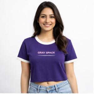 M&T Women Crop Top | Purple Printed Crop T-Shirt | Gray Space Text Print | Casual Wear