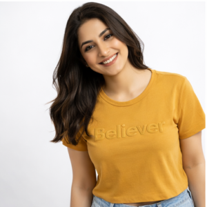 M&T Women Regular Top | mustard yellow, black, and blue T-Shirt | Believer Text Print | Casual Daily Wear