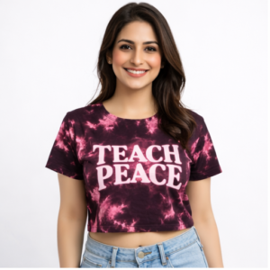 M&T Women Tie-Dye Crop Top | Dark Maroon Printed Crop T-Shirt | Teach Peace Text | Casual Wear