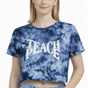 M&T Women Tie-Dye Crop Top | Blue Printed Crop T-Shirt | Teach Peace Text | Casual Wear
