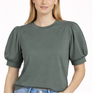 M&T Women Regular Top | Solid Green Puff Sleeve Top | Plain Casual Wear T-Shirt