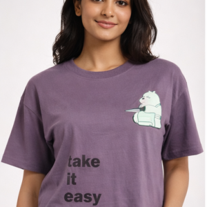 M&T Women Oversized Top | Purple Printed T-Shirt | Take It Easy Graphic | Casual Wear
